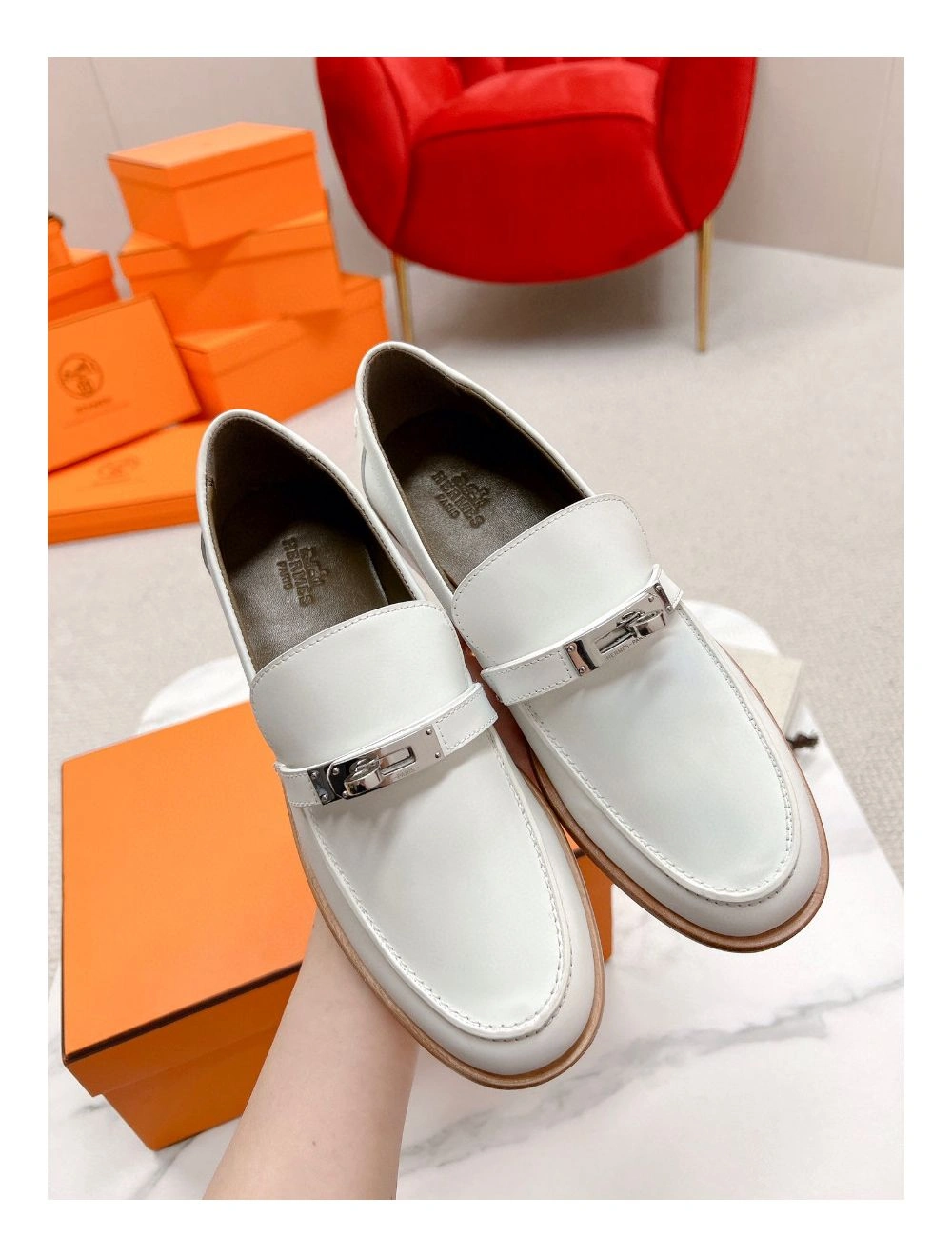 Hermes Women’s Destin Loafers in White Leather