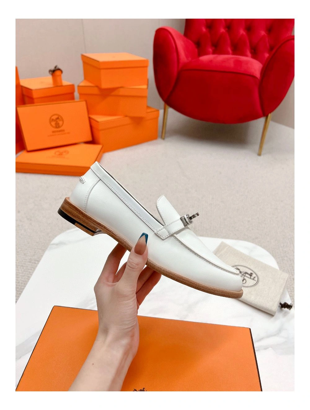 Hermes Women’s Destin Loafers in White Leather