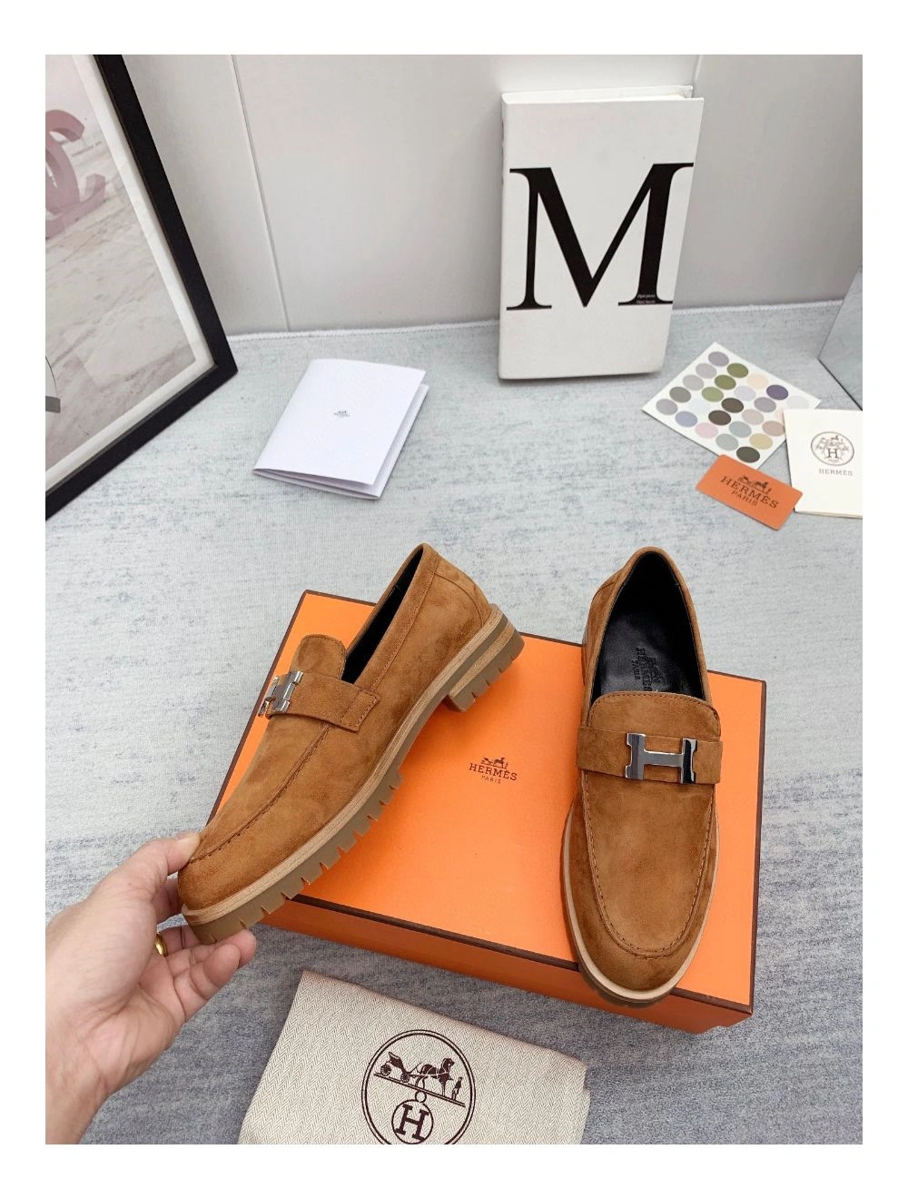 Hermes Women’s Faubourg Loafers in Brown Suede Leather