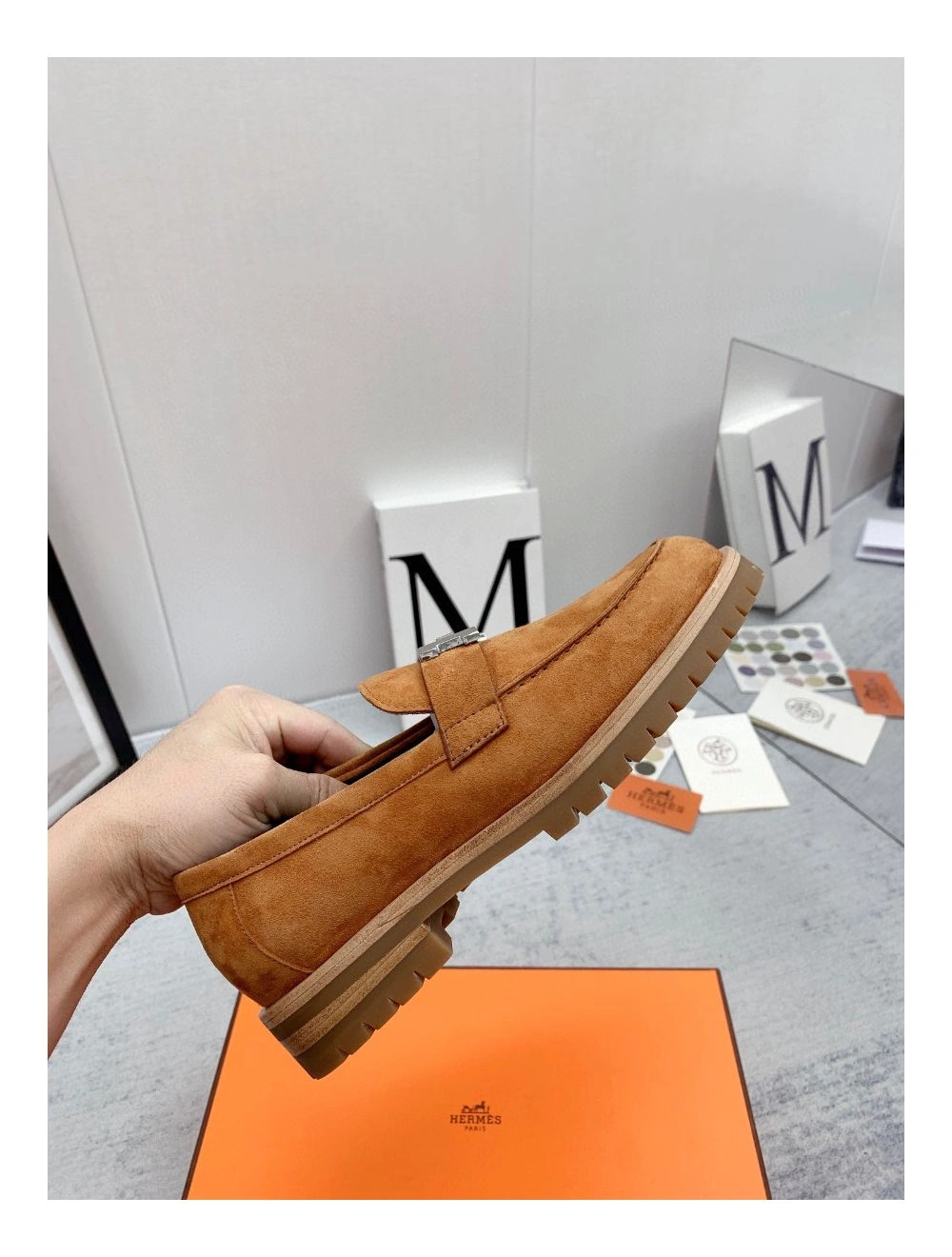 Hermes Women’s Faubourg Loafers in Brown Suede Leather