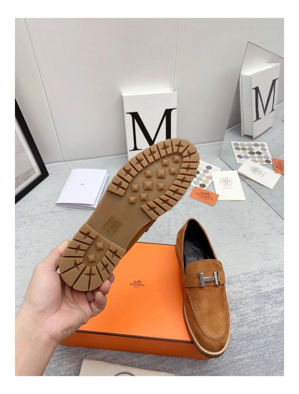 Hermes Women’s Faubourg Loafers in Brown Suede Leather