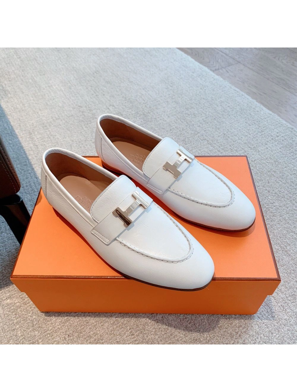 Hermes Women’s Paris Loafers in White Goatskin