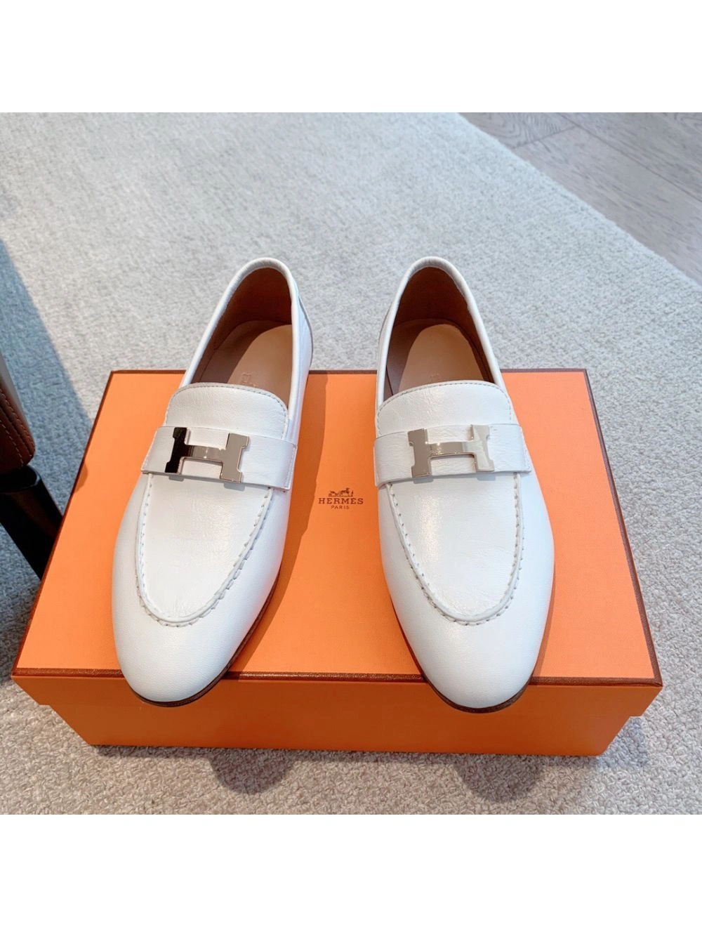 Hermes Women’s Paris Loafers in White Goatskin