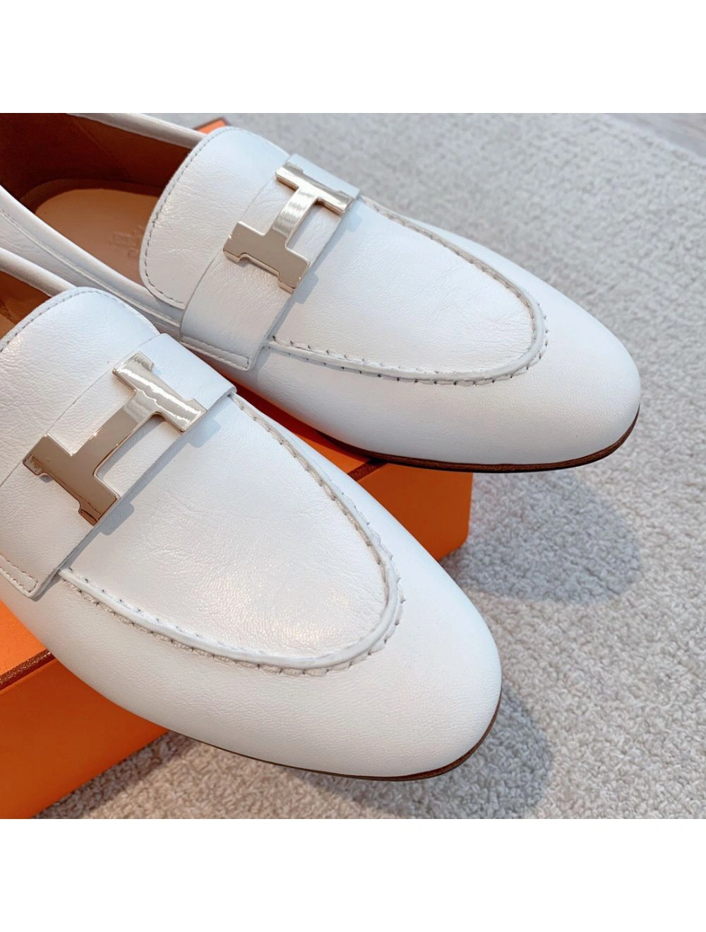 Hermes Women’s Paris Loafers in White Goatskin
