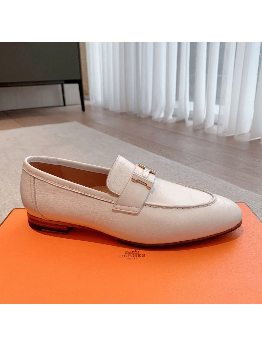 Hermes Women’s Paris Loafers in White Goatskin