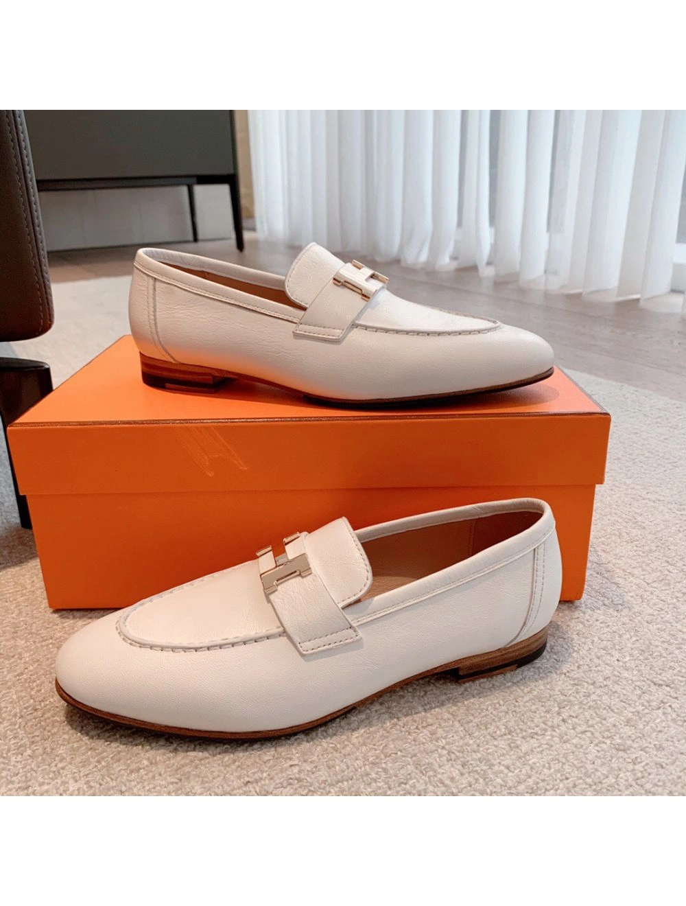 Hermes Women’s Paris Loafers in White Goatskin