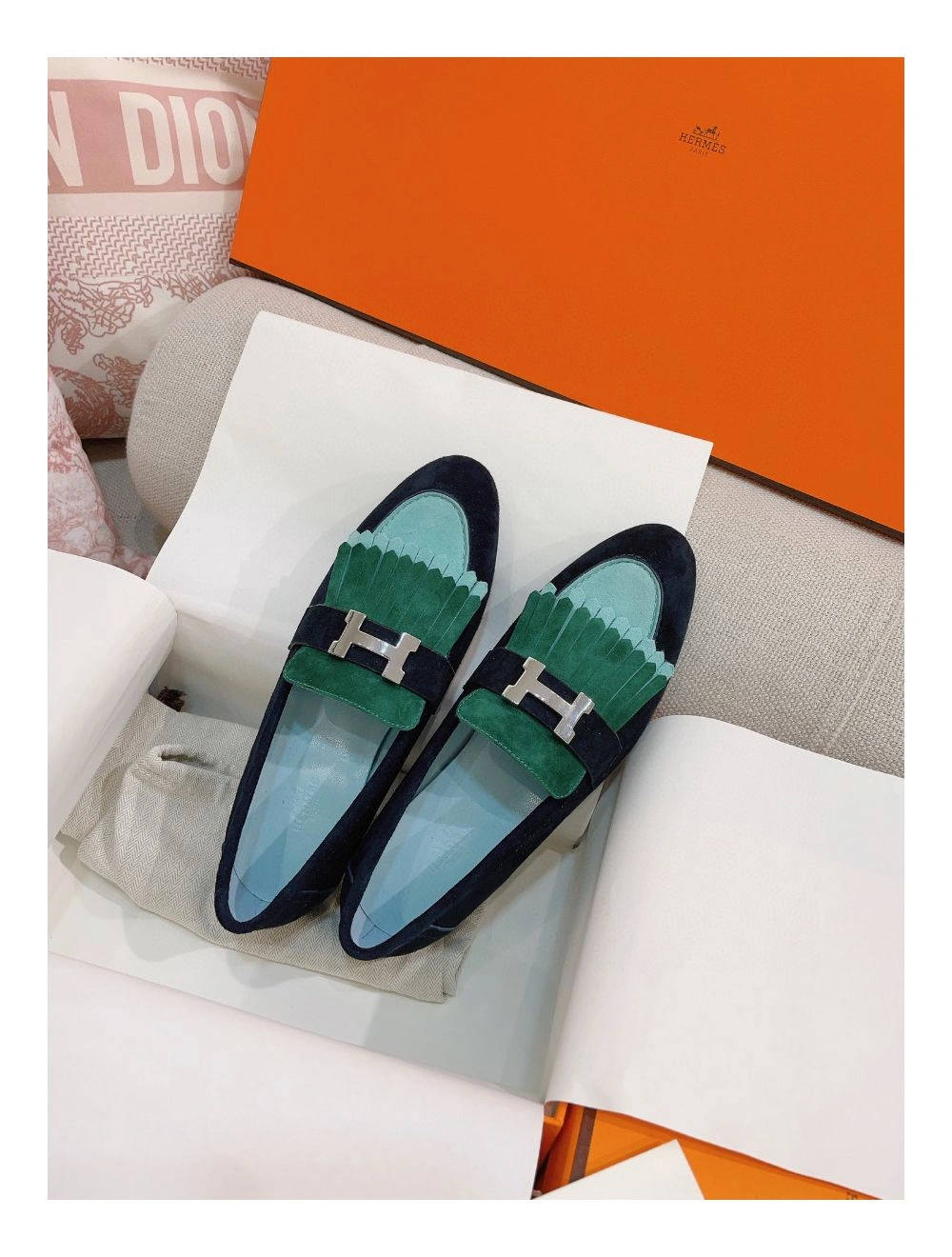 Hermes Women’s Royal Loafers in Multicolor Suede Leather