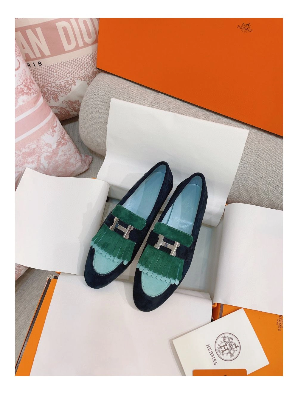 Hermes Women’s Royal Loafers in Multicolor Suede Leather