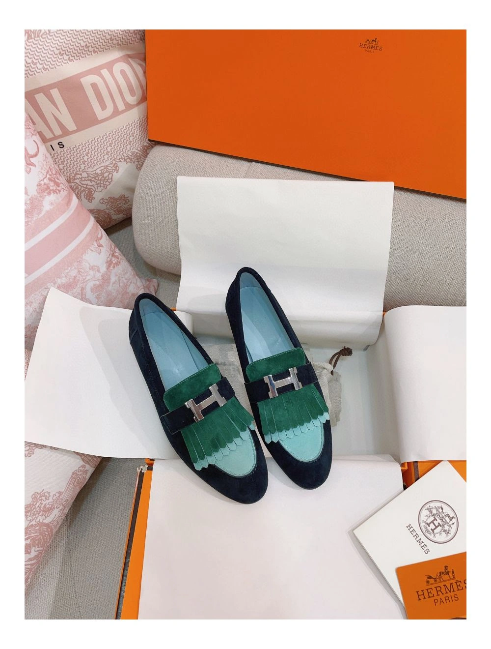 Hermes Women’s Royal Loafers in Multicolor Suede Leather