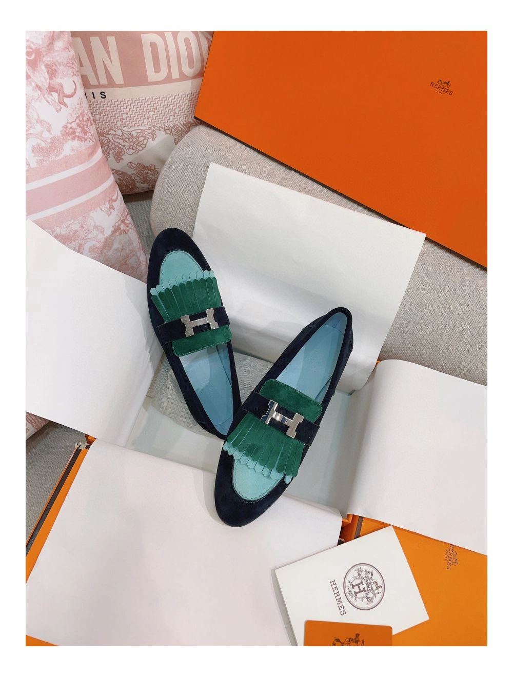 Hermes Women’s Royal Loafers in Multicolor Suede Leather