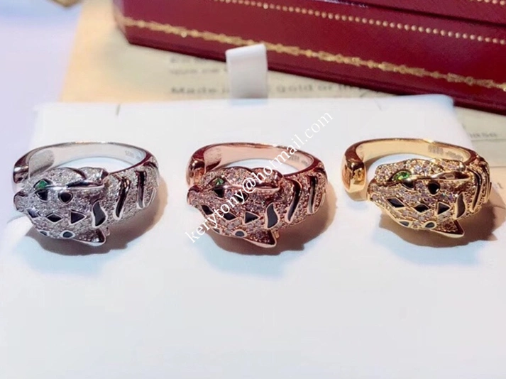 High End Panthere de Cartier Ring White Gold Yellow Gold Rose Emeralds and Onyx With Diamonds For Womens