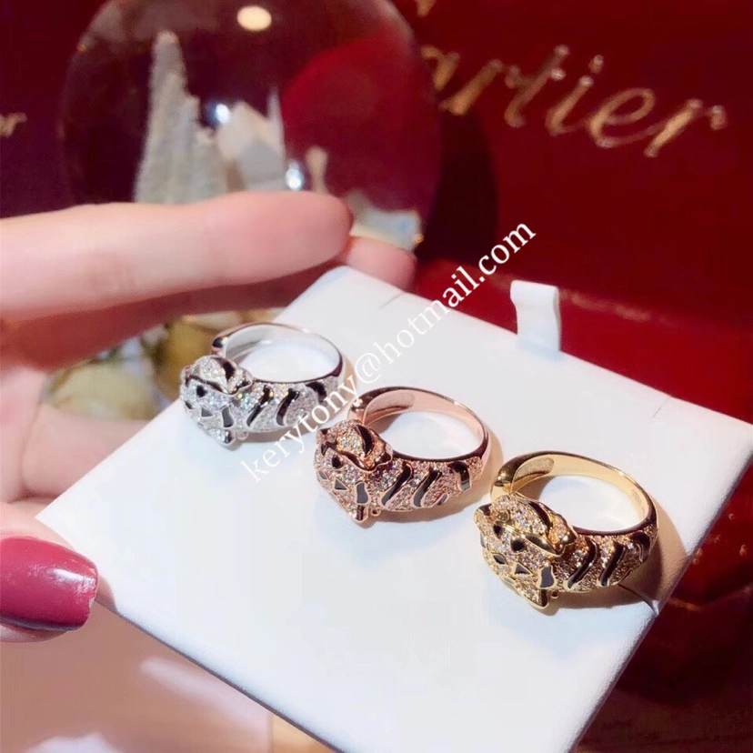 High End Panthere de Cartier Ring White Gold Yellow Gold Rose Emeralds and Onyx With Diamonds For Womens