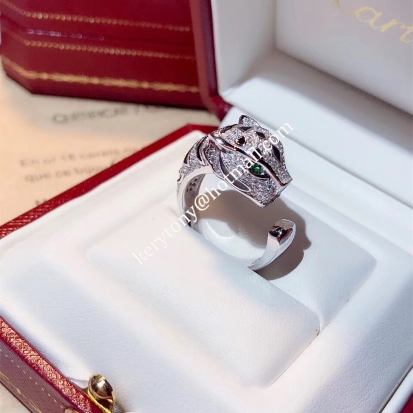 High End Panthere de Cartier Ring White Gold Yellow Gold Rose Emeralds and Onyx With Diamonds For Womens