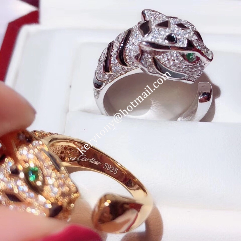 High End Panthere de Cartier Ring White Gold Yellow Gold Rose Emeralds and Onyx With Diamonds For Womens