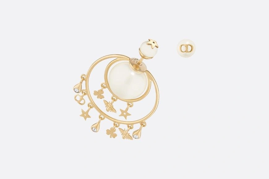 High Quality Dior Tribales Yellow Gold Flower Bee Star CD Pendants Females Asymmetry Pearl Earrings E0955TRIRS_D301