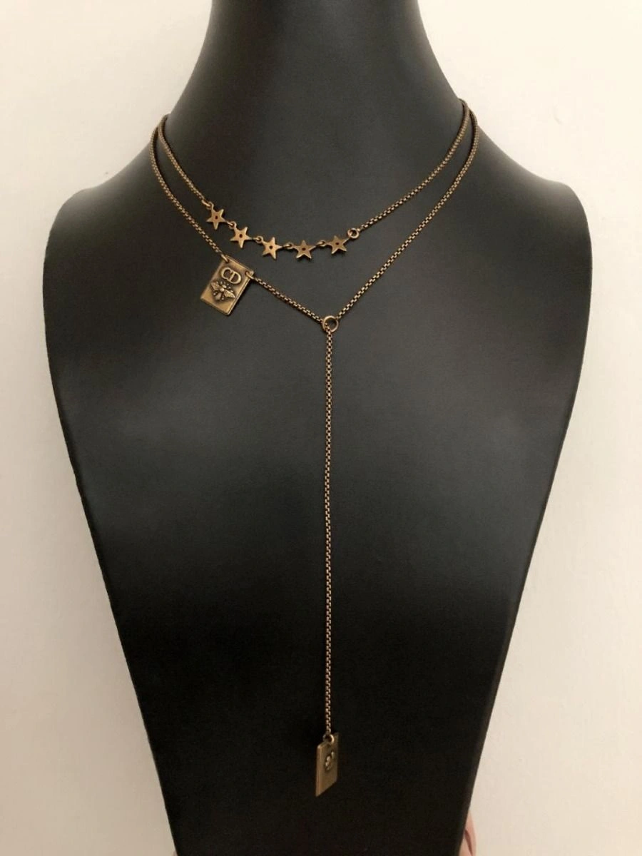 Hot Selling Christian Dior Vintage Brass Bee CD Motif Square Pendant Ladies Star Double Link Chain Necklace