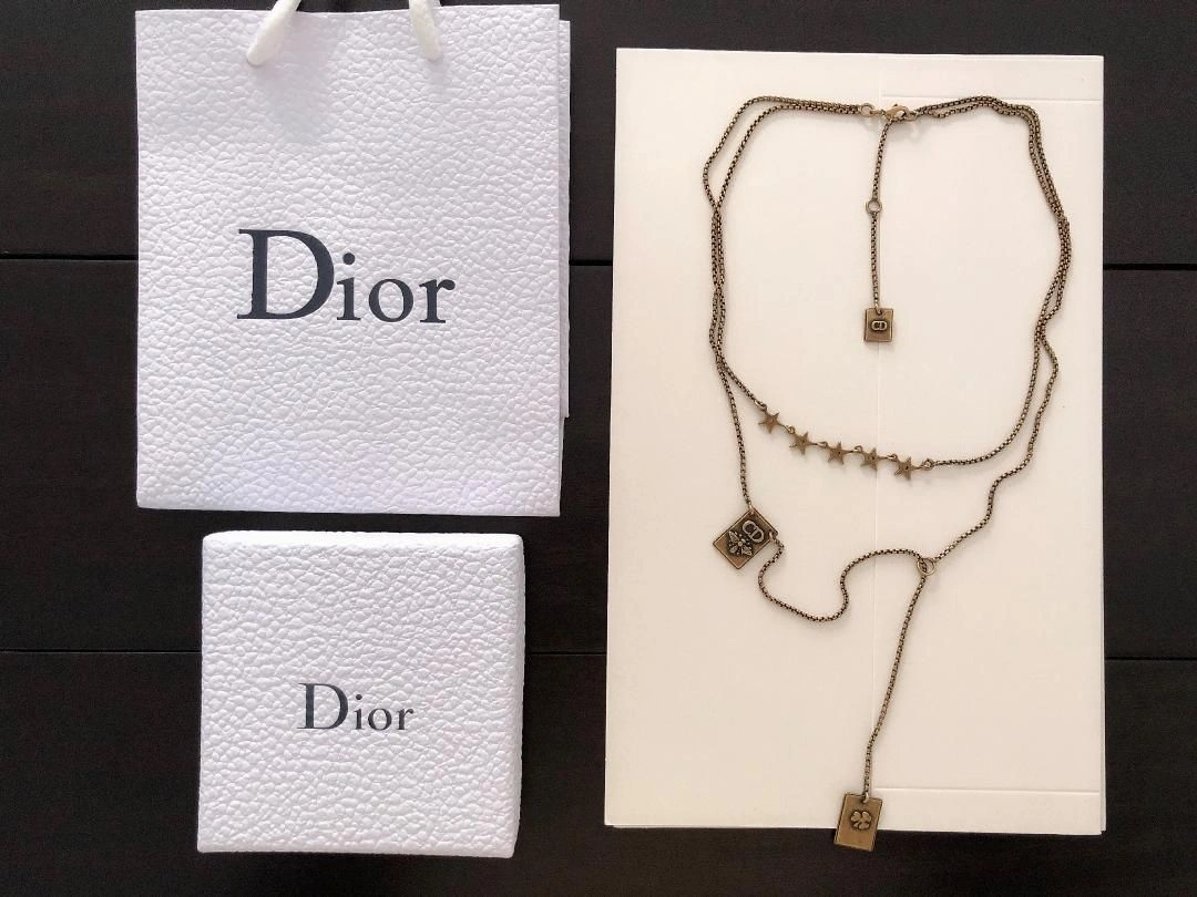 Hot Selling Christian Dior Vintage Brass Bee CD Motif Square Pendant Ladies Star Double Link Chain Necklace