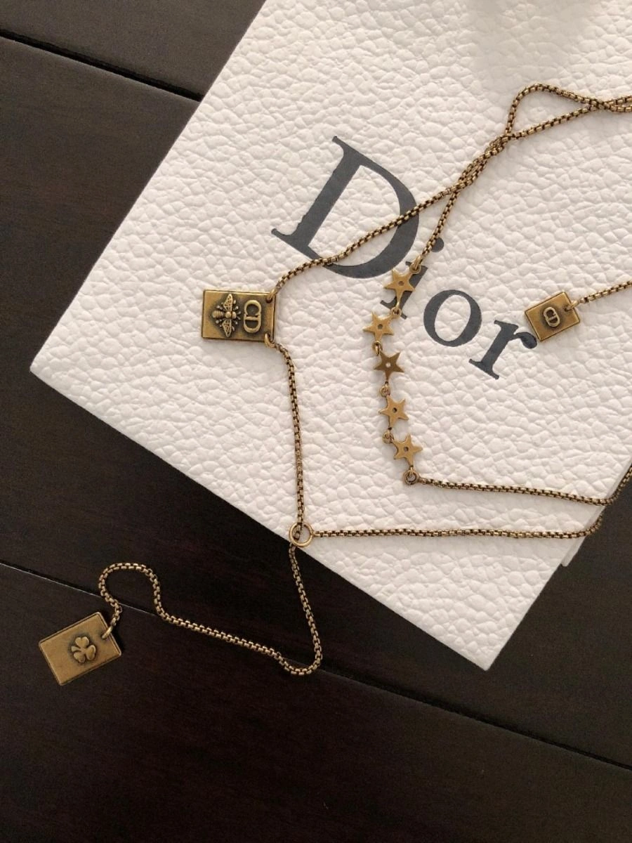 Hot Selling Christian Dior Vintage Brass Bee CD Motif Square Pendant Ladies Star Double Link Chain Necklace