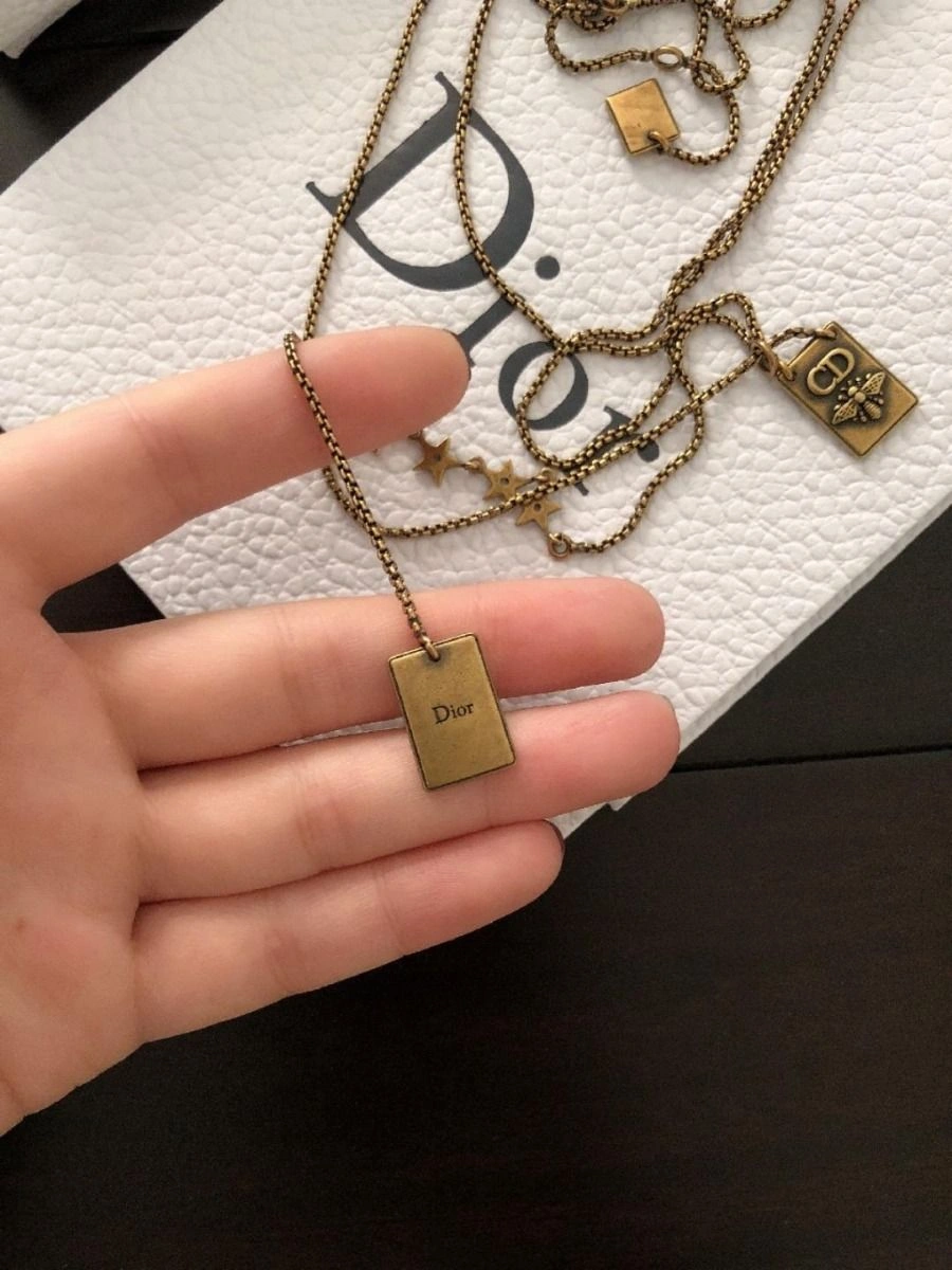 Hot Selling Christian Dior Vintage Brass Bee CD Motif Square Pendant Ladies Star Double Link Chain Necklace