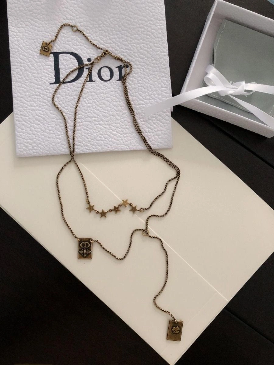 Hot Selling Christian Dior Vintage Brass Bee CD Motif Square Pendant Ladies Star Double Link Chain Necklace