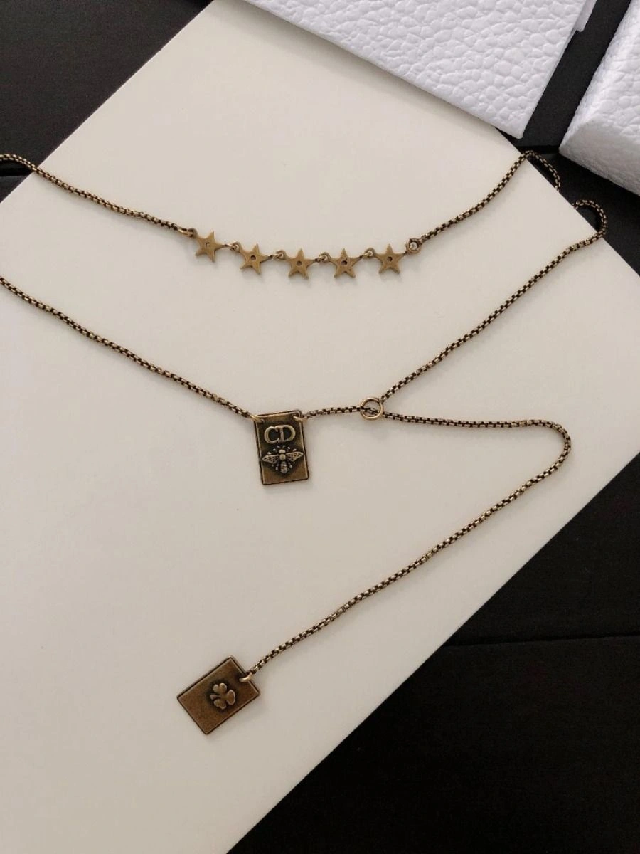 Hot Selling Christian Dior Vintage Brass Bee CD Motif Square Pendant Ladies Star Double Link Chain Necklace