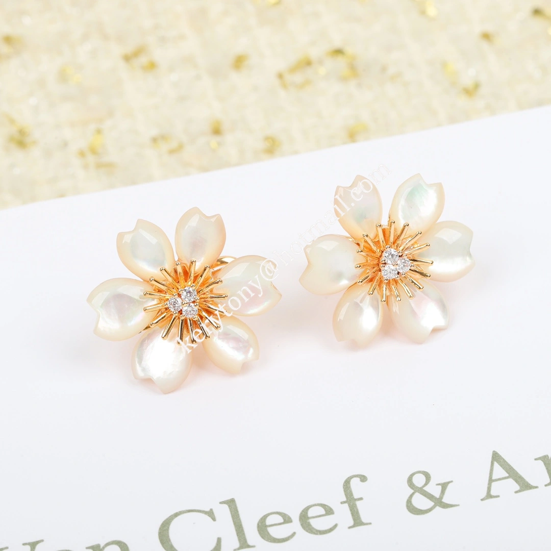 Hot Selling Van Cleef Arpels Rose de Noel Clip Earrings White Blue With Diamonds Replica