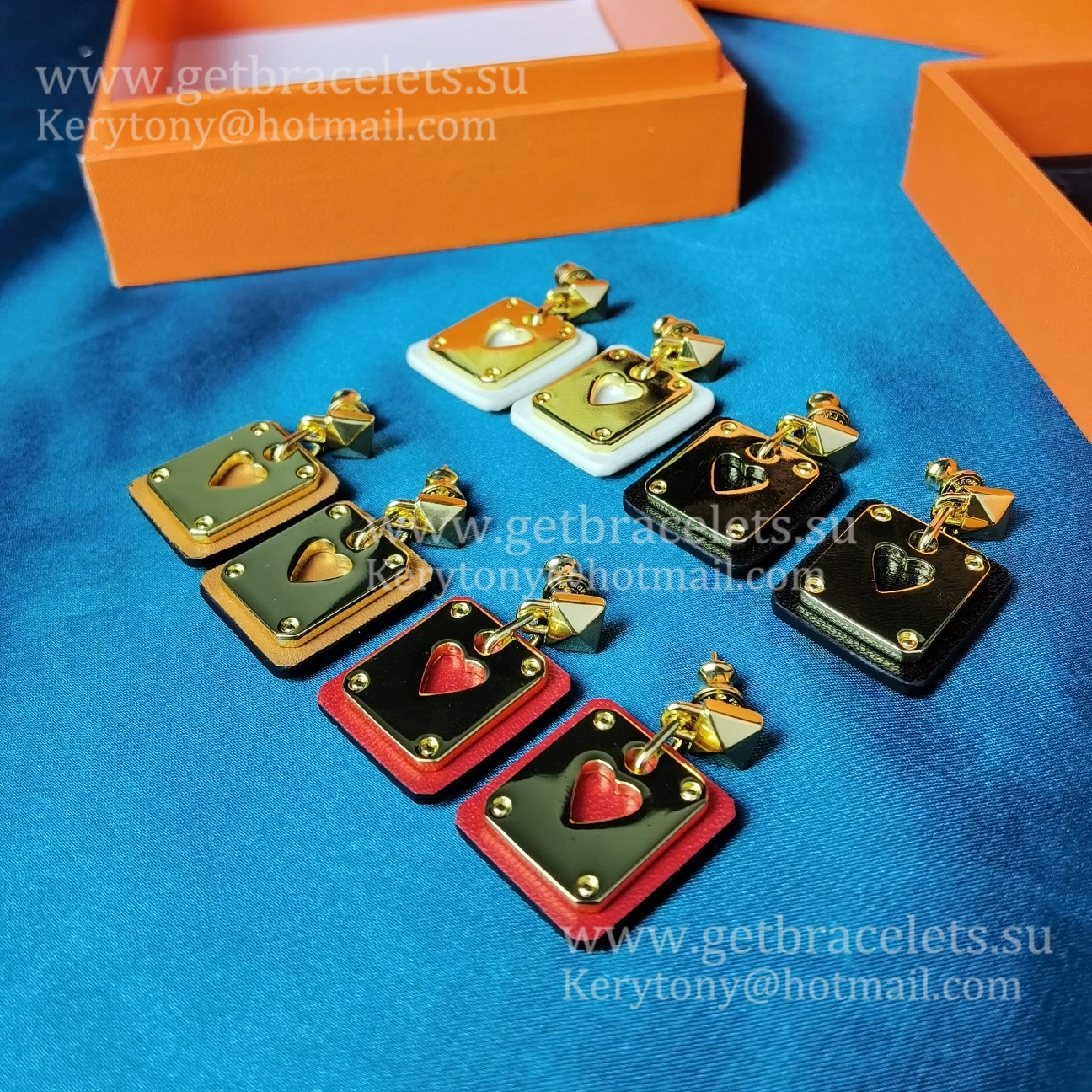 Lady Jewelry Hermes As de Coeur Earring Yellow Gold with Leather Red White Black Orange