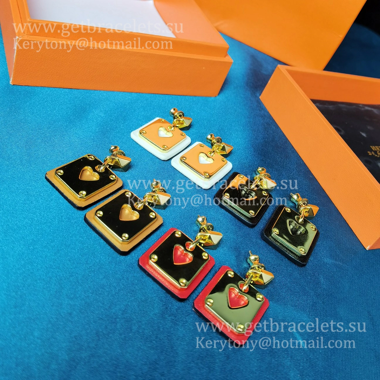 Lady Jewelry Hermes As de Coeur Earring Yellow Gold with Leather Red White Black Orange