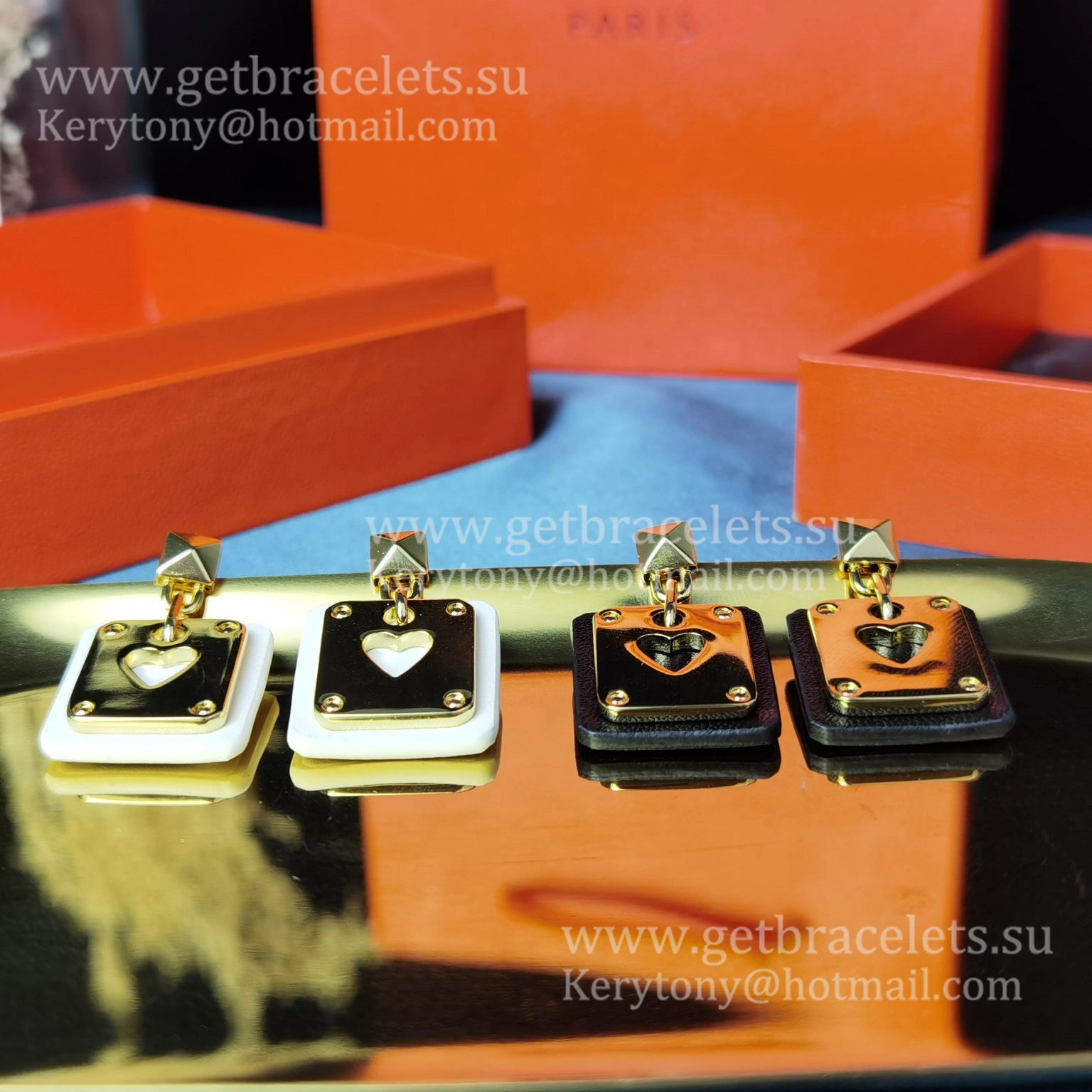Lady Jewelry Hermes As de Coeur Earring Yellow Gold with Leather Red White Black Orange