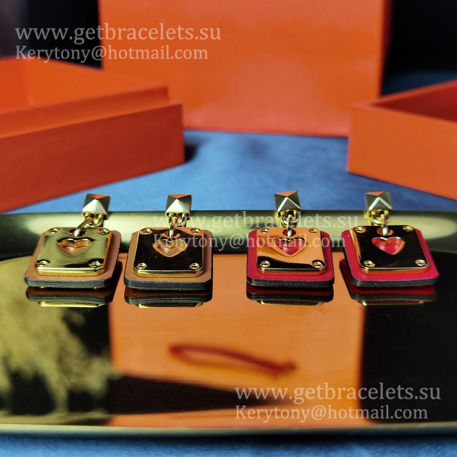 Lady Jewelry Hermes As de Coeur Earring Yellow Gold with Leather Red White Black Orange
