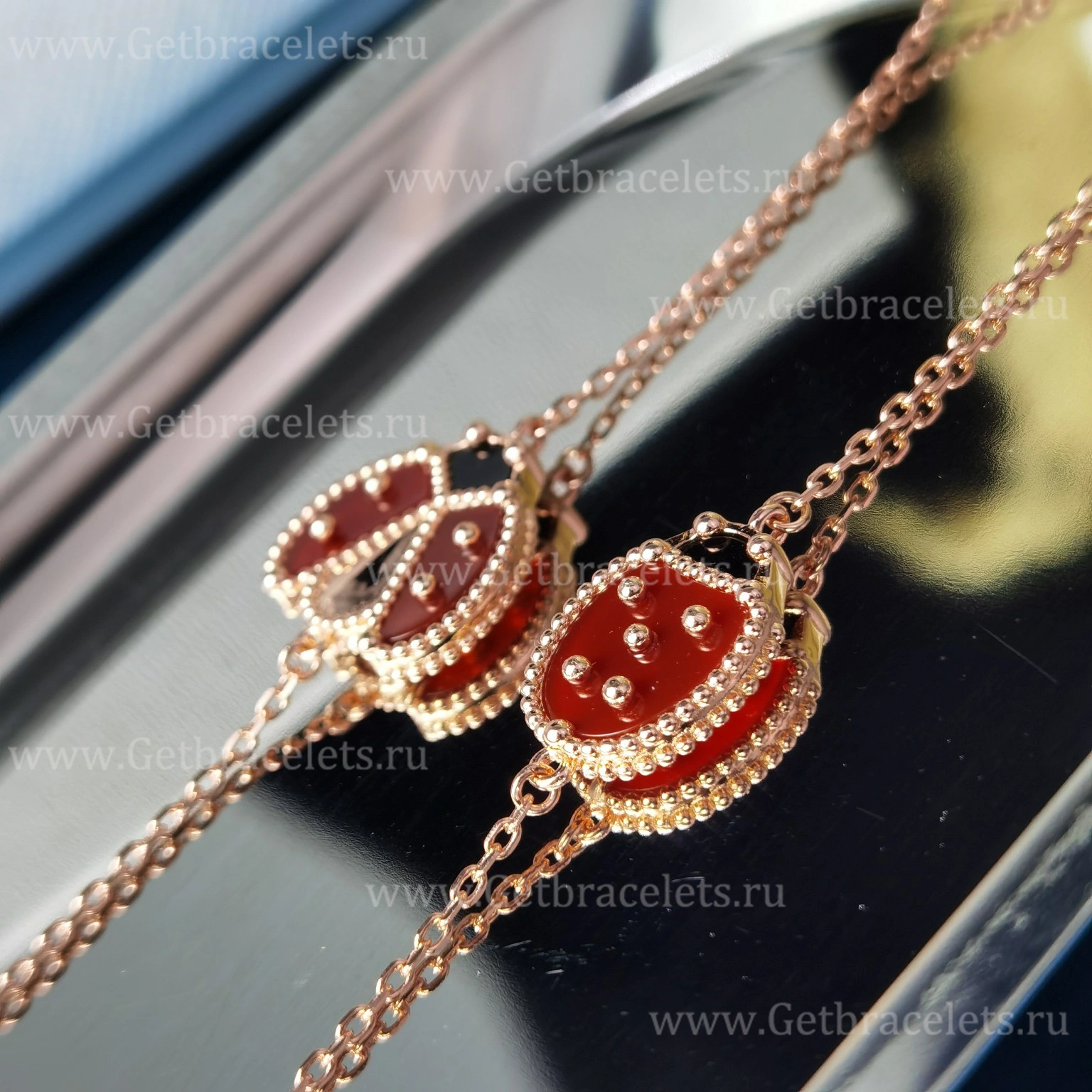 New Replica Van Cleef Arpels Lucky Spring Long Bracelet Closed Wings Ladybug Rose Gold Carnelian Onyx