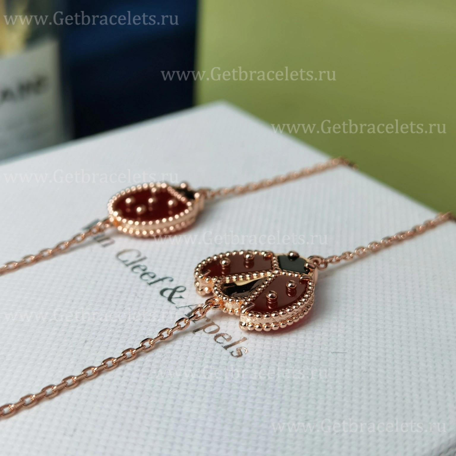 New Replica Van Cleef Arpels Lucky Spring Long Bracelet Closed Wings Ladybug Rose Gold Carnelian Onyx