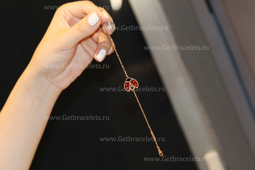 New Replica Van Cleef Arpels Lucky Spring Long Bracelet Open Wings Ladybug Rose Gold Carnelian Onyx