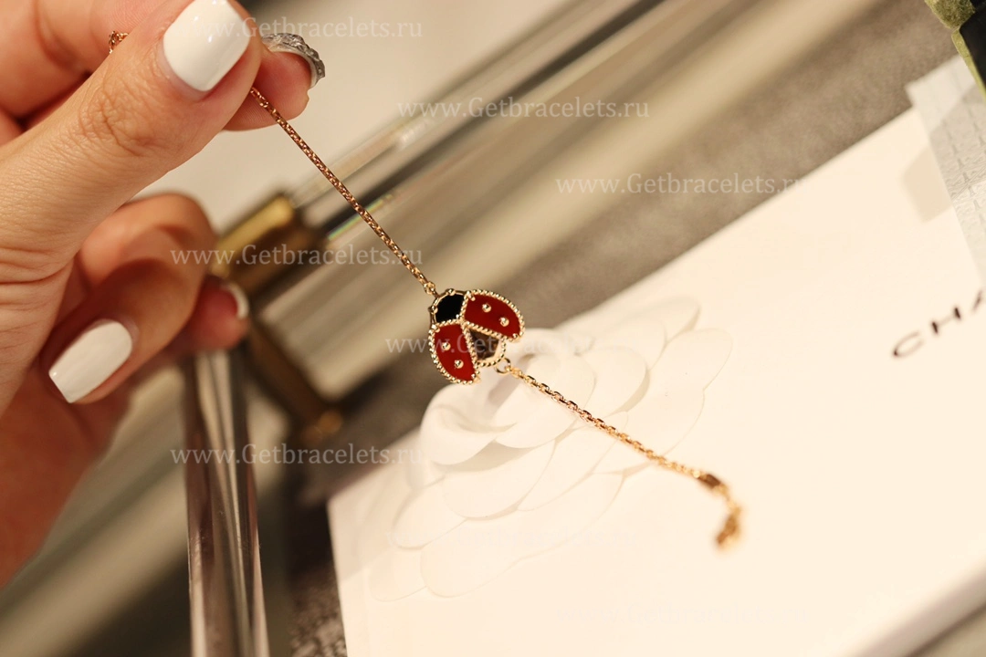 New Replica Van Cleef Arpels Lucky Spring Long Bracelet Open Wings Ladybug Rose Gold Carnelian Onyx