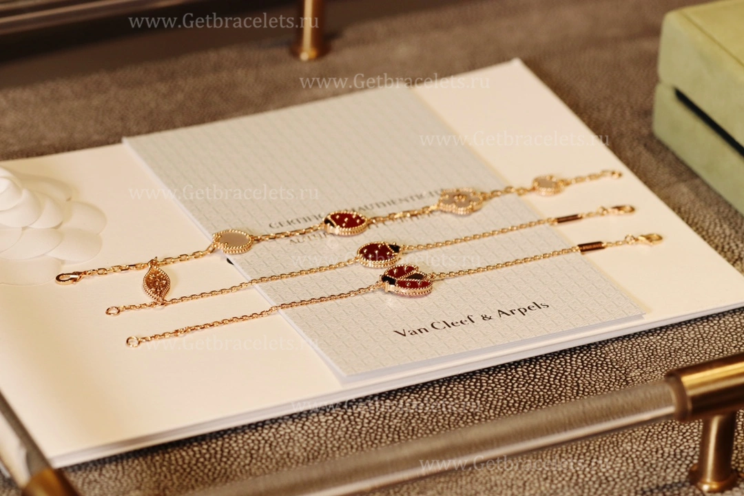 New Replica Van Cleef Arpels Lucky Spring Long Bracelet Open Wings Ladybug Rose Gold Carnelian Onyx