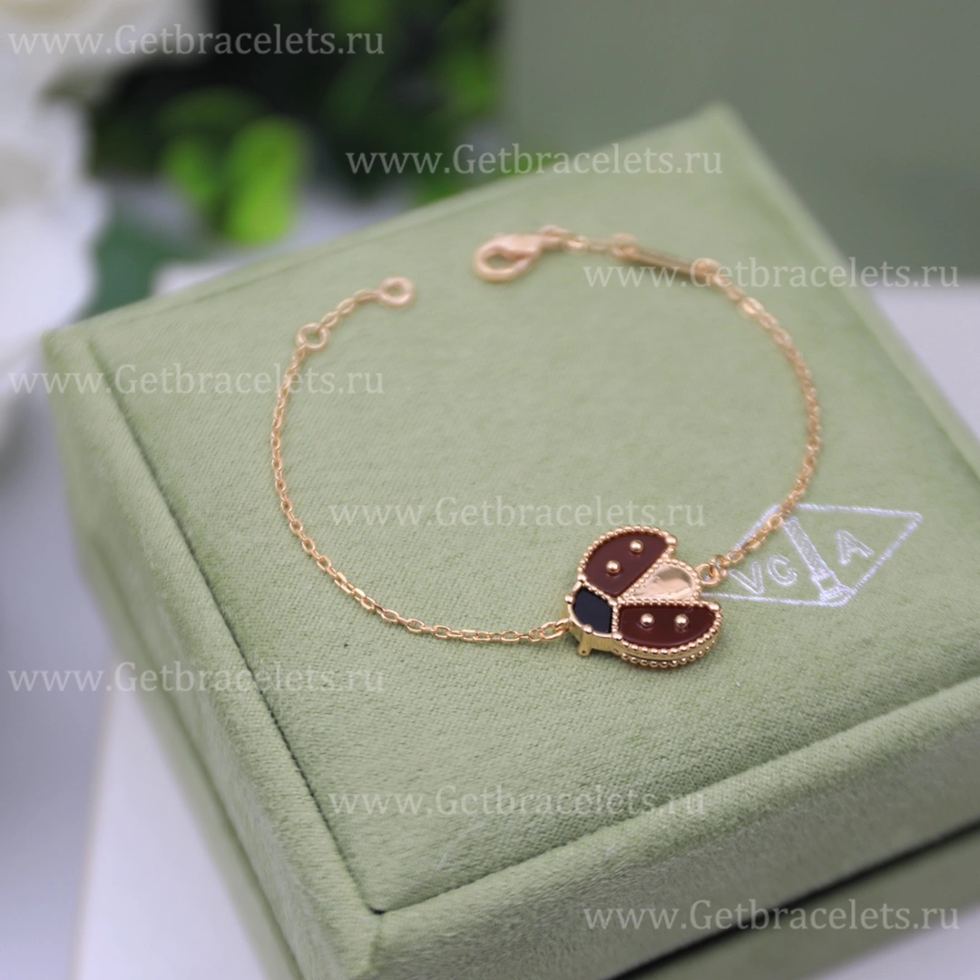 New Replica Van Cleef Arpels Lucky Spring Long Bracelet Open Wings Ladybug Rose Gold Carnelian Onyx