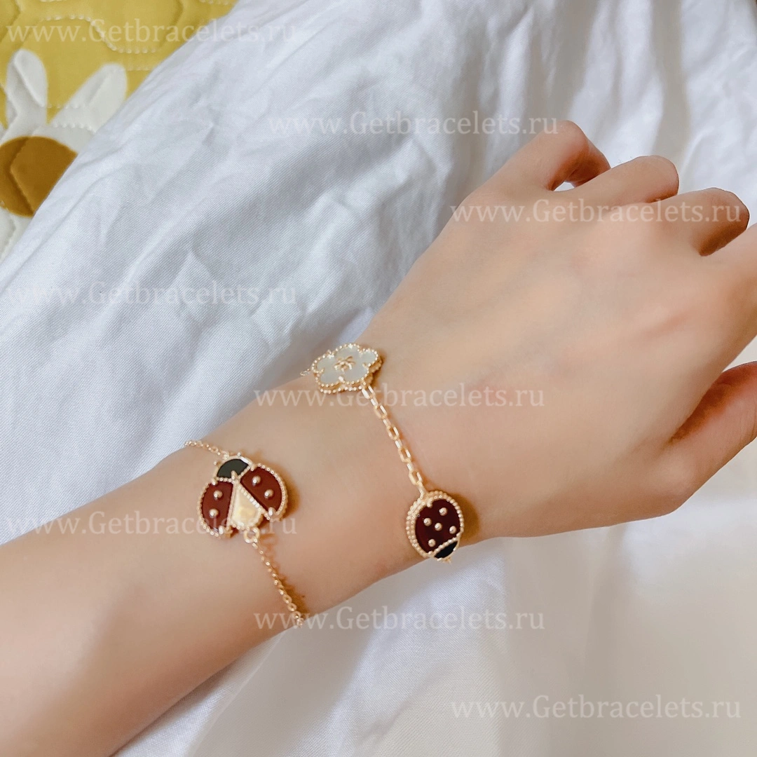 New Replica Van Cleef Arpels Lucky Spring Long Bracelet Open Wings Ladybug Rose Gold Carnelian Onyx