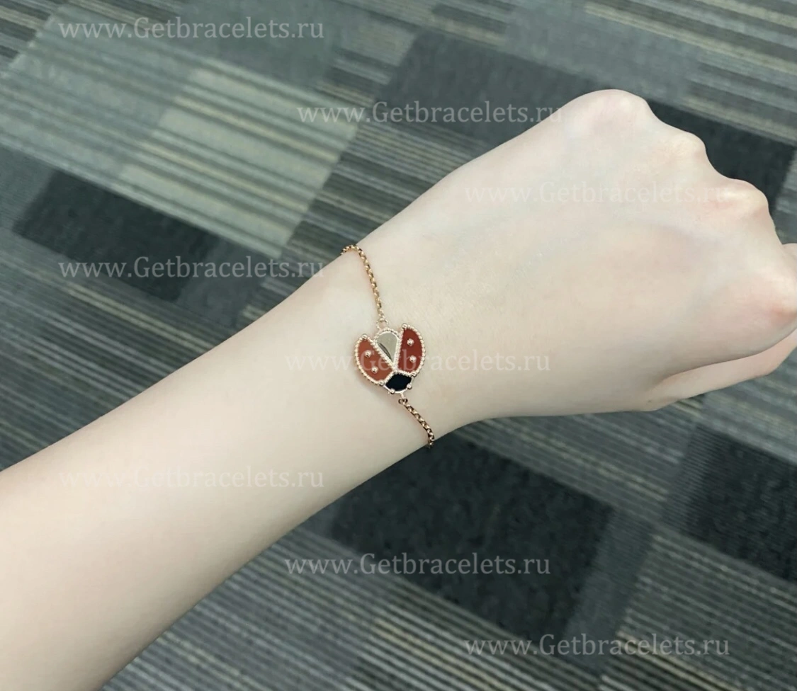 New Replica Van Cleef Arpels Lucky Spring Long Bracelet Open Wings Ladybug Rose Gold Carnelian Onyx