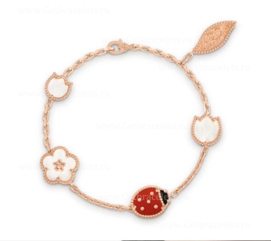 New Replica Van Cleef Arpels Lucky Spring Long Bracelet Rose Gold Carnelian and Mother-of-pearl Onyx 5 Motifs