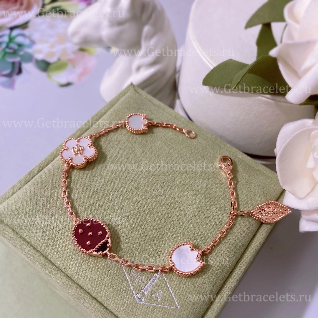 New Replica Van Cleef Arpels Lucky Spring Long Bracelet Rose Gold Carnelian and Mother-of-pearl Onyx 5 Motifs