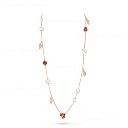 New Replica Van Cleef Arpels Lucky Spring Long Necklace Rose Gold Carnelian and Mother-of-pearl Onyx 15 Motifs