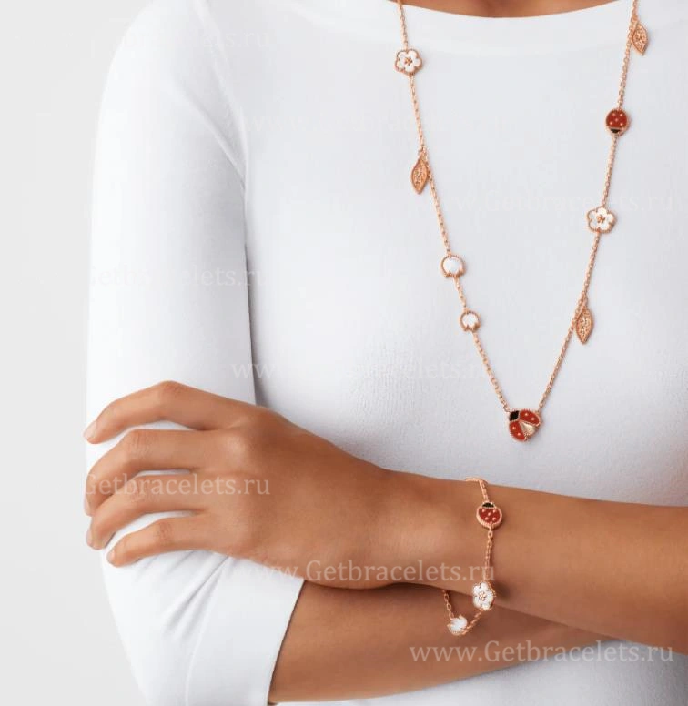 New Replica Van Cleef Arpels Lucky Spring Long Necklace Rose Gold Carnelian and Mother-of-pearl Onyx 15 Motifs