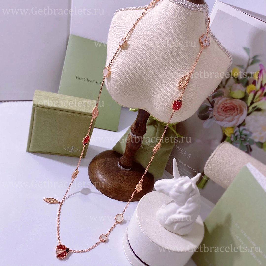New Replica Van Cleef Arpels Lucky Spring Long Necklace Rose Gold Carnelian and Mother-of-pearl Onyx 15 Motifs