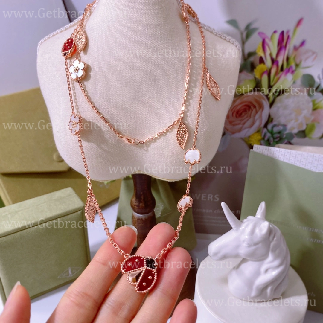 New Replica Van Cleef Arpels Lucky Spring Long Necklace Rose Gold Carnelian and Mother-of-pearl Onyx 15 Motifs