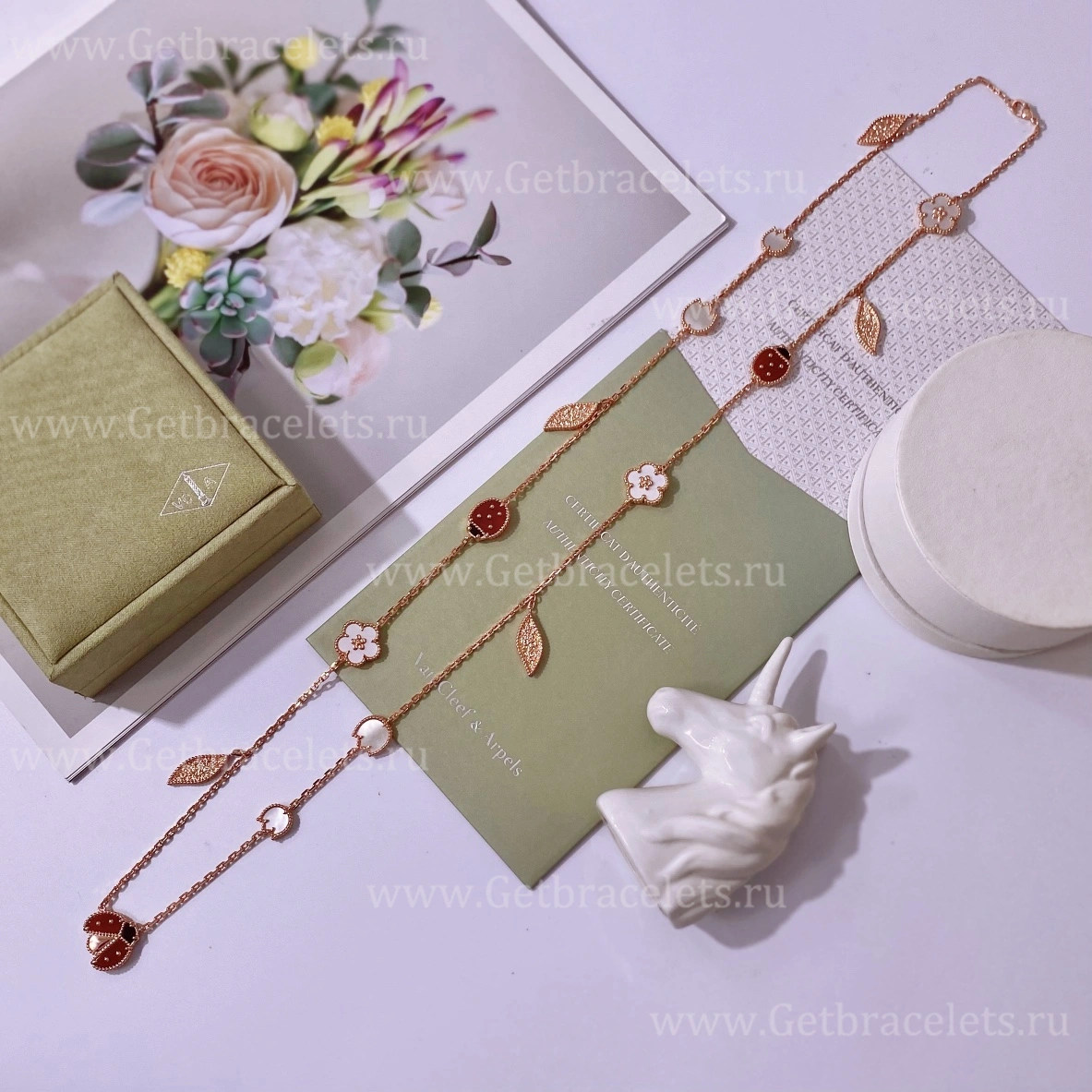 New Replica Van Cleef Arpels Lucky Spring Long Necklace Rose Gold Carnelian and Mother-of-pearl Onyx 15 Motifs