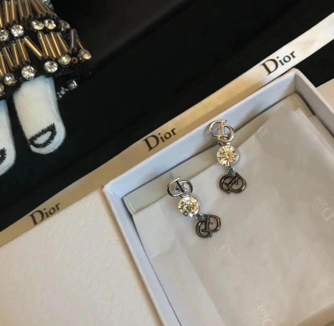 New Style Dior C-D Shaped Motif White Crstal Womens Sterling Silver Drop Earrings Price List