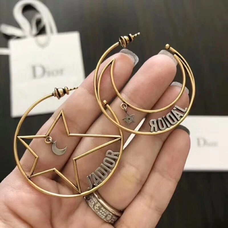 New Style Dior J??Adior Star-Moon Asymmetric Pendant Ladies Aged Brass Logo Motif Hoops Replica E0915ADRMT_D652