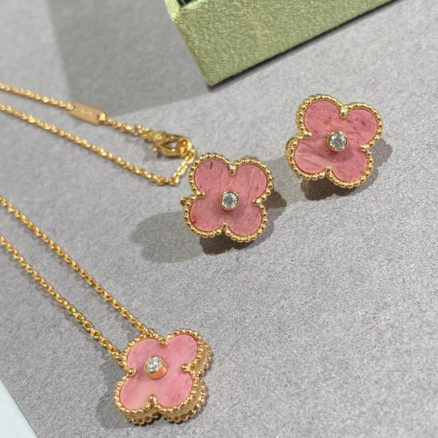 New Style VCA Vintage Alhambra Pendant and Earrings Champagne Gold With Diamond and Rhodonite For Best Gift Girls