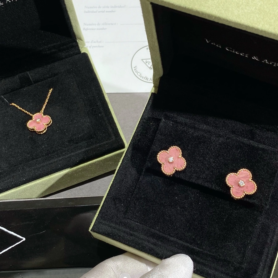 New Style VCA Vintage Alhambra Pendant and Earrings Champagne Gold With Diamond and Rhodonite For Best Gift Girls