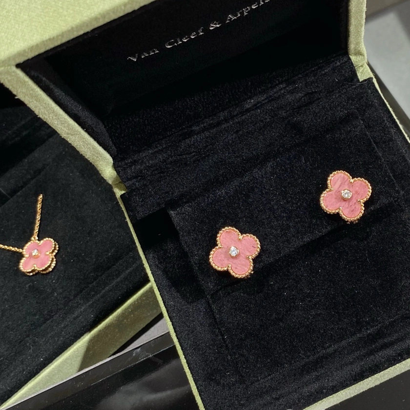 New Style VCA Vintage Alhambra Pendant and Earrings Champagne Gold With Diamond and Rhodonite For Best Gift Girls